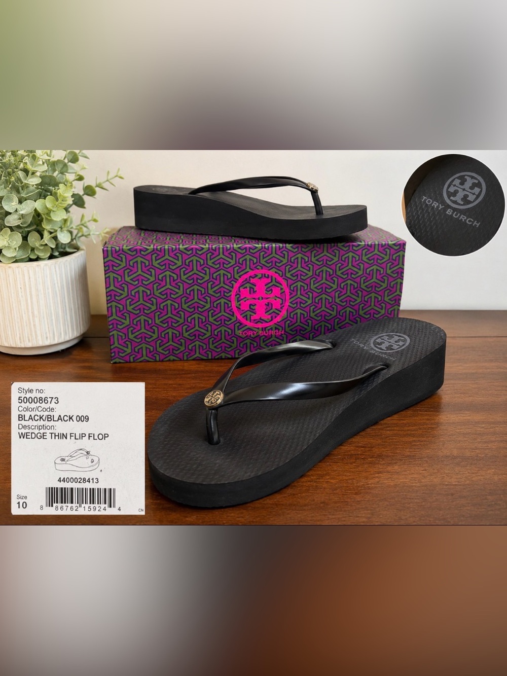 Tory Burch Wedge Thin Flip Flops Black Size 10 Platform Sandals w/ Box